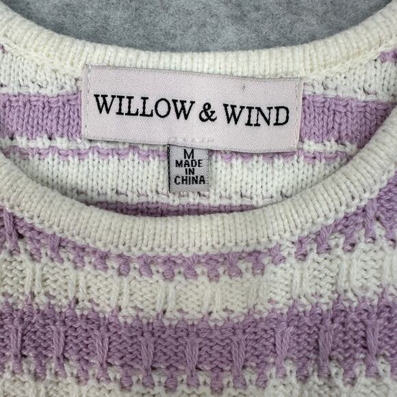 Willow & Wind Knit Crop Top WMNS M Purple White Striped Scalloped Hem Pullover - Picture 3 of 6